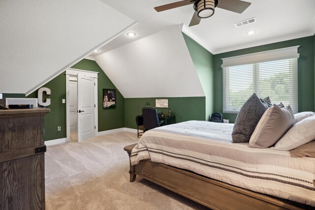 2059 Sloan Lake Dr, Jonesboro, AR 72404 - carpeted bedroom with baseboards, recessed lighting, ceiling fan, crown molding, and vaulted ceiling