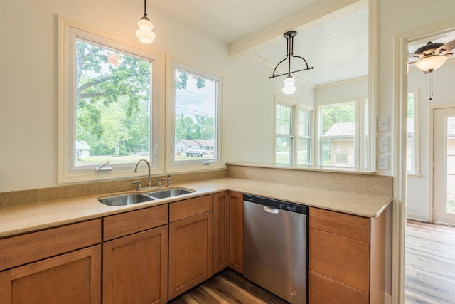 919 River Rdg, Benton, AR 72019 - kitchen featuring stainless steel dishwasher, a sink, light wood-style flooring, beamed ceiling, and hanging light fixtures