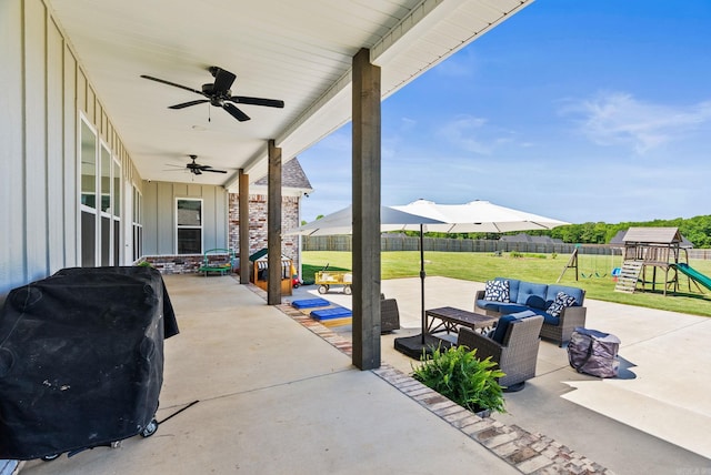 170 Irene Cir, Greenbrier, AR 72058 - view of patio featuring an outdoor living space, ceiling fan, a playground, and a grill