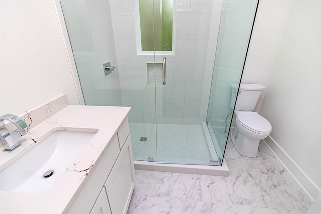 1615 N Garland Ave, Fayetteville, AR 72703 - full bath with vanity, toilet, marble look tile flooring, a shower stall, and baseboards