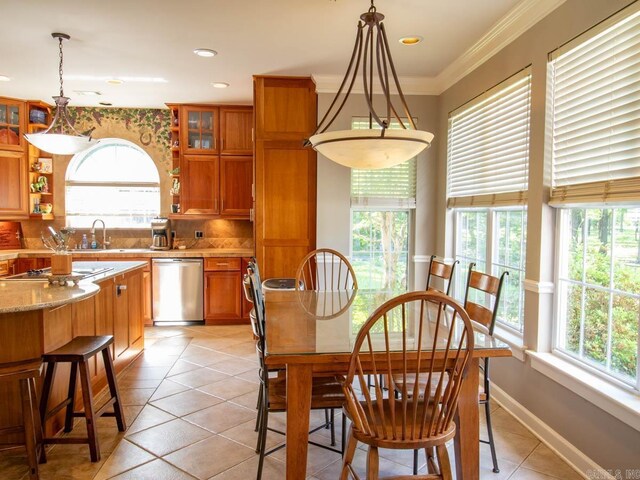 1 Witness Tree Ln, Paron, AR 72122 - dining space with light tile patterned floors, ornamental molding, and recessed lighting