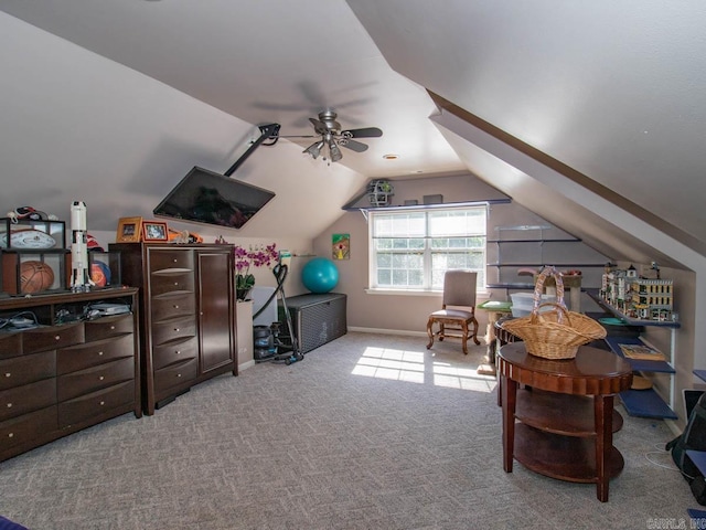 1 Witness Tree Ln, Paron, AR 72122 - home office featuring a ceiling fan, carpet floors, vaulted ceiling, and baseboards