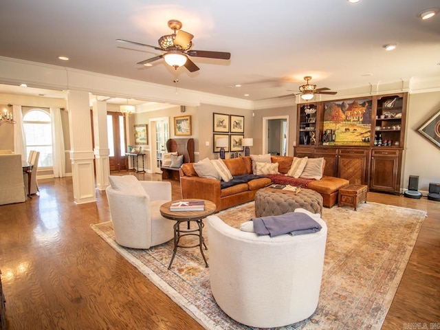 1 Witness Tree Ln, Paron, AR 72122 - living room featuring ornate columns, a ceiling fan, crown molding, wood finished floors, and recessed lighting