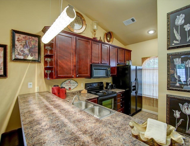 kitchen with black appliances, reddish brown cabinets, a sink, lofted ceiling, and open shelves