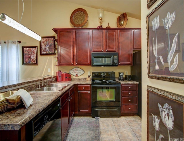 kitchen with black appliances, dark brown cabinets, a sink, lofted ceiling, and light tile patterned floors