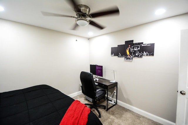 bedroom with light carpet, baseboards, recessed lighting, and a ceiling fan