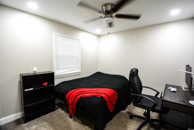 carpeted bedroom featuring recessed lighting, an office area, a ceiling fan, and baseboards