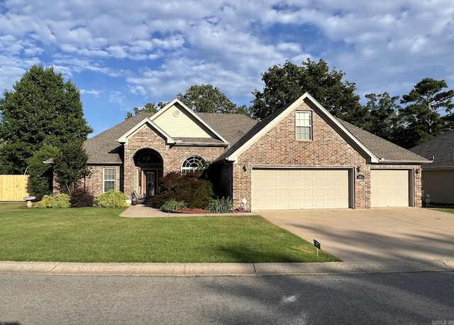 1056 Skyline Dr, Alexander, AR 72002 - view of front of home with brick siding, a front lawn, driveway, an attached garage, and a shingled roof