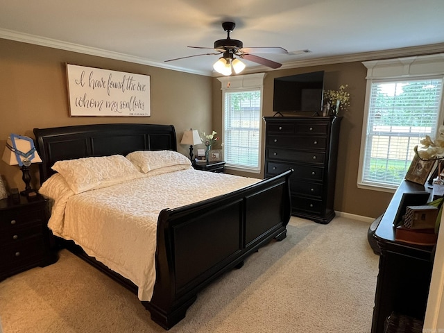 1056 Skyline Dr, Alexander, AR 72002 - bedroom with light colored carpet, crown molding, baseboards, and ceiling fan