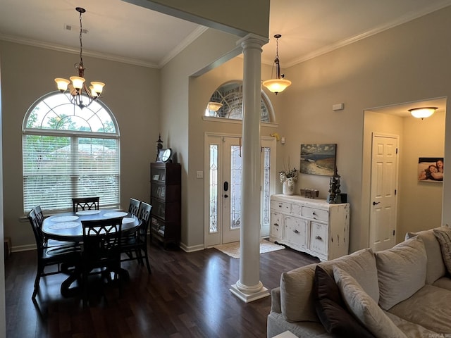 1056 Skyline Dr, Alexander, AR 72002 - entryway with ornate columns, dark wood-type flooring, baseboards, ornamental molding, and a chandelier