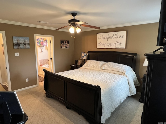 1056 Skyline Dr, Alexander, AR 72002 - bedroom featuring crown molding, light carpet, baseboards, a ceiling fan, and ensuite bathroom