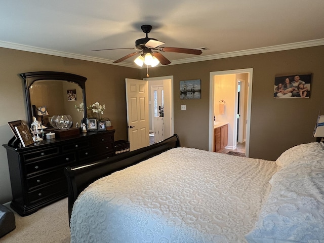 1056 Skyline Dr, Alexander, AR 72002 - carpeted bedroom featuring crown molding, a ceiling fan, and connected bathroom