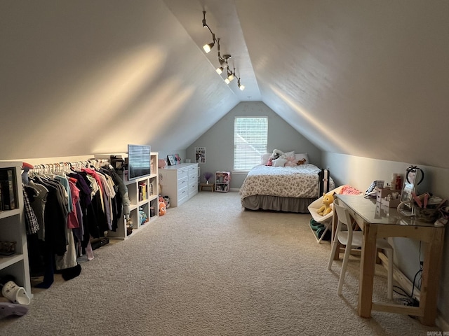 1056 Skyline Dr, Alexander, AR 72002 - bedroom featuring vaulted ceiling, rail lighting, and carpet