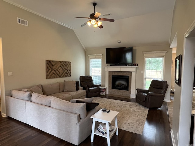1056 Skyline Dr, Alexander, AR 72002 - living room with lofted ceiling, healthy amount of natural light, a ceiling fan, dark wood-style flooring, and a fireplace