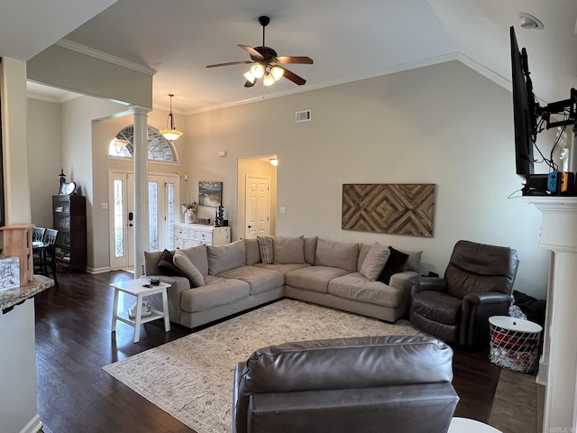 1056 Skyline Dr, Alexander, AR 72002 - living room featuring a ceiling fan, dark wood-style floors, ornamental molding, high vaulted ceiling, and baseboards