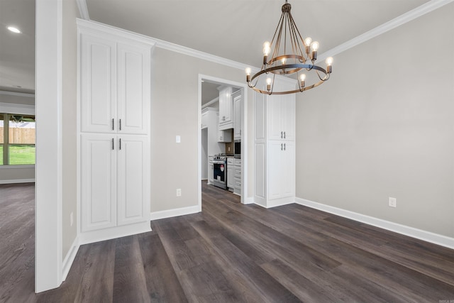 10114 Hidden Cir, Sherwood, AR 72120 - unfurnished dining area with a chandelier, baseboards, dark wood finished floors, ornamental molding, and recessed lighting