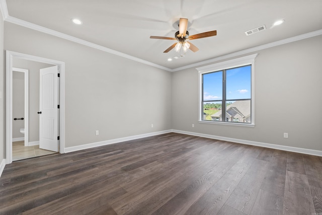 10114 Hidden Cir, Sherwood, AR 72120 - empty room featuring ceiling fan, baseboards, crown molding, dark wood finished floors, and recessed lighting