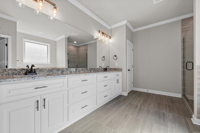 10114 Hidden Cir, Sherwood, AR 72120 - bathroom with double vanity, a stall shower, crown molding, and baseboards