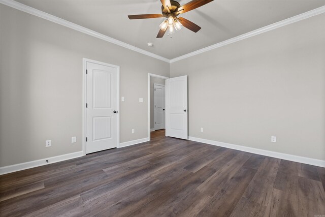 10114 Hidden Cir, Sherwood, AR 72120 - spare room featuring a ceiling fan, crown molding, baseboards, and dark wood-style flooring