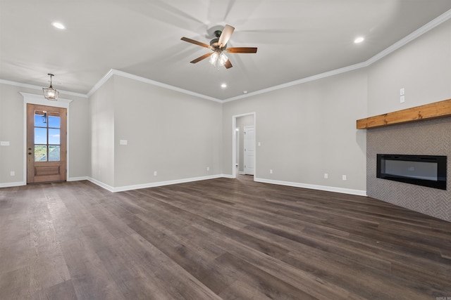 10114 Hidden Cir, Sherwood, AR 72120 - unfurnished living room with a fireplace, a ceiling fan, dark wood-style floors, baseboards, and ornamental molding