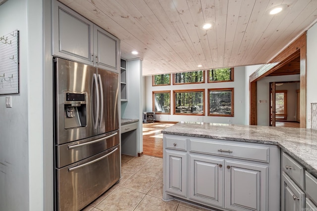 21 Constantina Cir, Hot Springs Village, AR 71909 - kitchen with stainless steel fridge with ice dispenser, gray cabinetry, wood ceiling, recessed lighting, and plenty of natural light