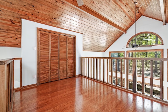 21 Constantina Cir, Hot Springs Village, AR 71909 - interior space with ceiling fan, wooden ceiling with exposed beams, wood finished floors, baseboards, and high vaulted ceiling