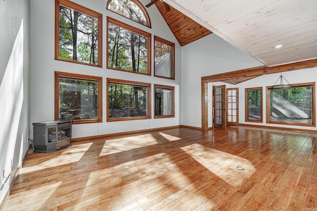 21 Constantina Cir, Hot Springs Village, AR 71909 - unfurnished living room featuring a wood stove, high vaulted ceiling, wooden ceiling, wood finished floors, and baseboards