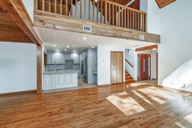 21 Constantina Cir, Hot Springs Village, AR 71909 - unfurnished living room featuring stairway, light wood-type flooring, a towering ceiling, wooden ceiling, and a sink