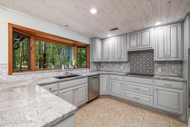 21 Constantina Cir, Hot Springs Village, AR 71909 - kitchen featuring a sink, stainless steel dishwasher, wooden ceiling, light tile patterned floors, and gray cabinets