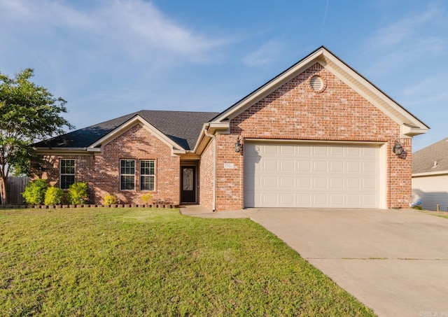 3961 Mountaincrest Cir, Alexander, AR 72002 - ranch-style house with concrete driveway, brick siding, a front lawn, an attached garage, and roof with shingles