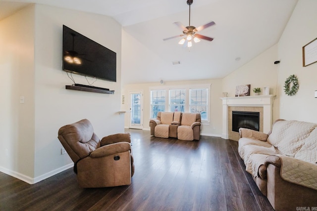 3961 Mountaincrest Cir, Alexander, AR 72002 - living room with dark wood-type flooring, a tile fireplace, baseboards, and high vaulted ceiling