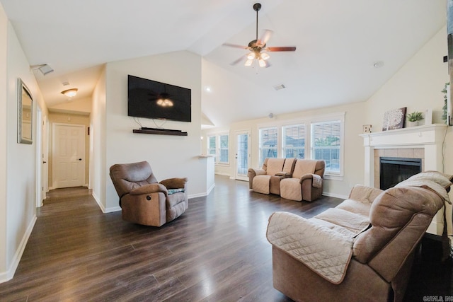 3961 Mountaincrest Cir, Alexander, AR 72002 - living area with dark wood-style flooring, a fireplace, a ceiling fan, baseboards, and high vaulted ceiling
