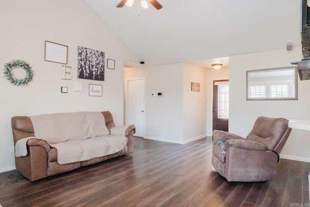 3961 Mountaincrest Cir, Alexander, AR 72002 - living room with ceiling fan, dark wood-style floors, baseboards, and high vaulted ceiling