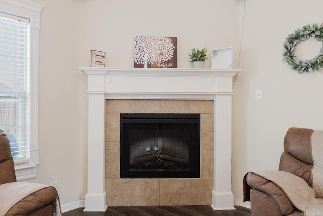 3961 Mountaincrest Cir, Alexander, AR 72002 - detailed view of wood finished floors, a tile fireplace, and baseboards