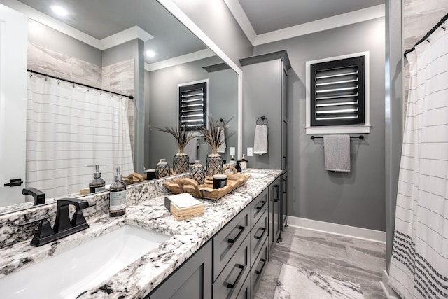 11 Haywood Ct, Little Rock, AR 72223 - full bathroom with marble finish floors, double vanity, crown molding, baseboards, and a shower with curtain