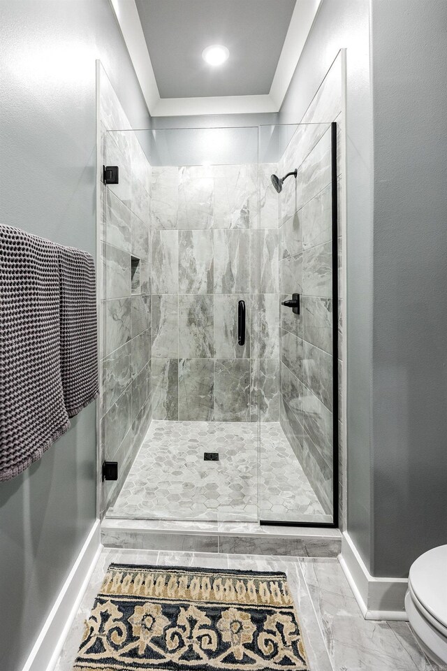 11 Haywood Ct, Little Rock, AR 72223 - bathroom featuring toilet, a stall shower, marble finish floors, baseboards, and recessed lighting