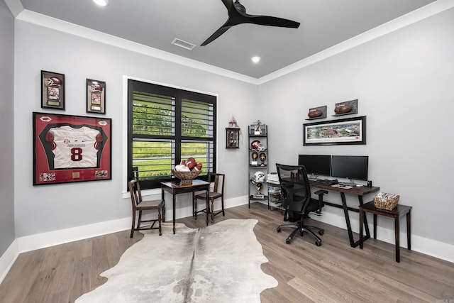 11 Haywood Ct, Little Rock, AR 72223 - home office featuring a ceiling fan, baseboards, ornamental molding, recessed lighting, and wood finished floors