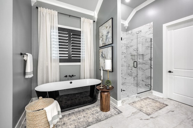 11 Haywood Ct, Little Rock, AR 72223 - bathroom featuring marble finish floors, a marble finish shower, a soaking tub, and baseboards