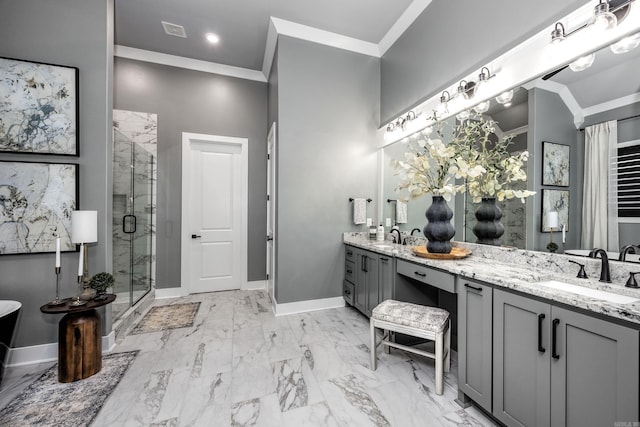 11 Haywood Ct, Little Rock, AR 72223 - full bathroom featuring a shower stall, double vanity, baseboards, crown molding, and marble finish flooring