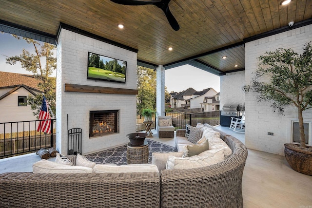 11 Haywood Ct, Little Rock, AR 72223 - view of patio / terrace with an outdoor brick fireplace, a grill, and ceiling fan