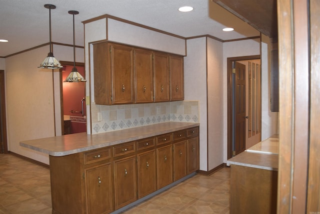 206 Beaconsfield Rd, Sherwood, AR 72120 - kitchen with ornamental molding, brown cabinetry, light flooring, decorative backsplash, and baseboards
