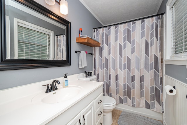 1211 Janwood St, El Dorado, AR 71730 - full bathroom featuring vanity, toilet, a textured ceiling, ornamental molding, and tile patterned flooring