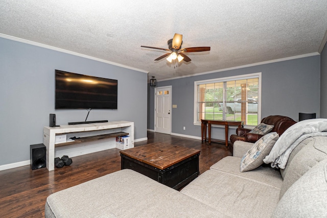 1211 Janwood St, El Dorado, AR 71730 - living room with wood finished floors, ceiling fan, a textured ceiling, baseboards, and crown molding