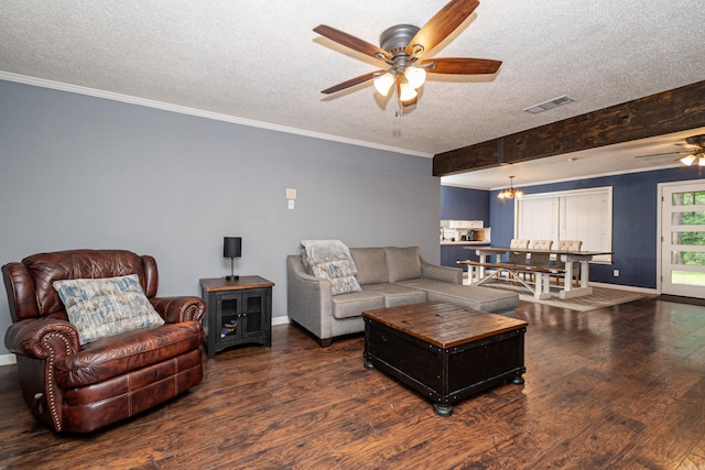 1211 Janwood St, El Dorado, AR 71730 - living area with a ceiling fan, a textured ceiling, wood finished floors, crown molding, and baseboards