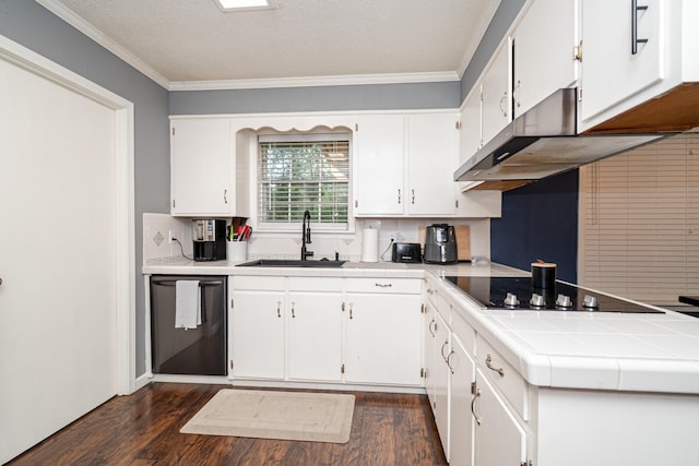 1211 Janwood St, El Dorado, AR 71730 - kitchen with black appliances, a sink, dark wood-style flooring, tile countertops, and white cabinets