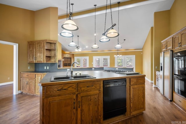 36 Brentwood Cv, Cabot, AR 72023 - kitchen with black appliances, a sink, high vaulted ceiling, open shelves, and dark wood finished floors