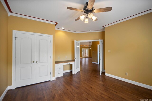 36 Brentwood Cv, Cabot, AR 72023 - unfurnished bedroom featuring ornamental molding, baseboards, dark wood-style floors, a closet, and recessed lighting
