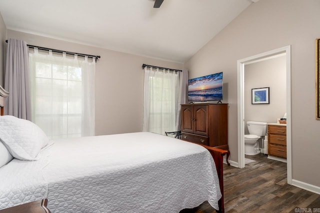 2130 Maplewood Dr, Conway, AR 73034 - bedroom featuring dark wood-style flooring, lofted ceiling, multiple windows, baseboards, and connected bathroom