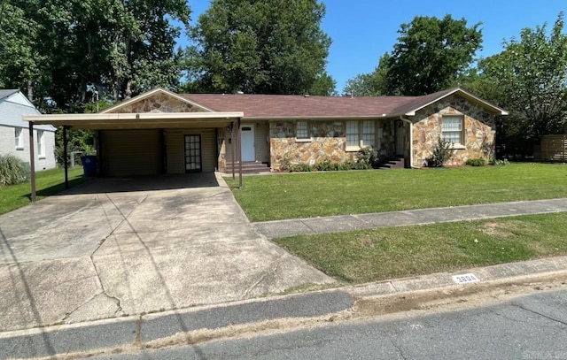 3804 Ridge Rd, North Little Rock, AR 72116 - ranch-style house with stone siding, a front yard, concrete driveway, entry steps, and a carport