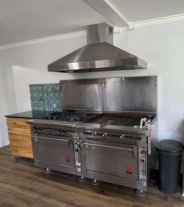 3804 Ridge Rd, North Little Rock, AR 72116 - kitchen featuring wall chimney exhaust hood, ornamental molding, and dark wood-style floors